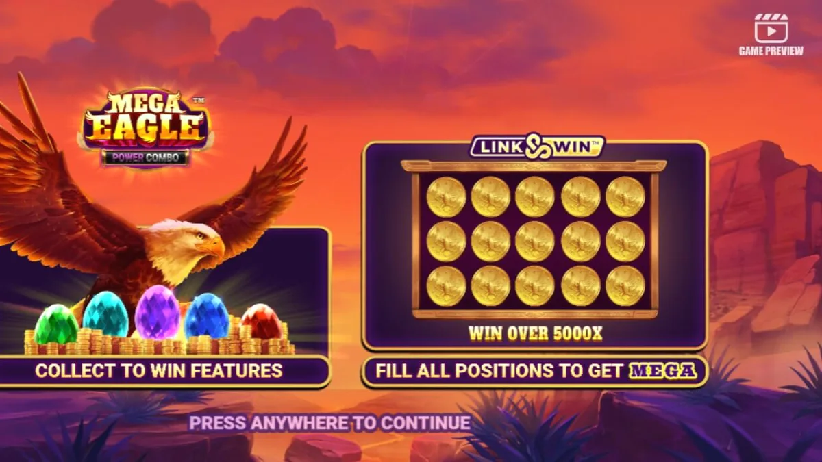 Tampilan antarmuka mobile slot Mega Eagle Power Combo dengan latar belakang pegunungan.