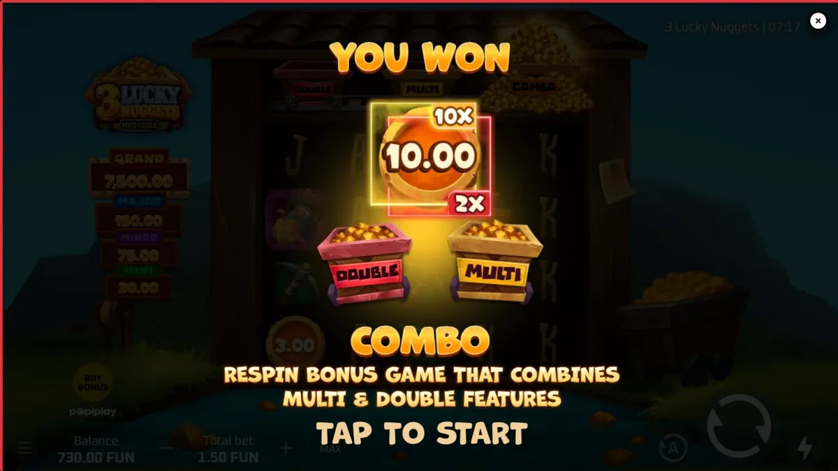 Tampilan visual slot 3 Lucky Nuggets dengan tema tambang emas